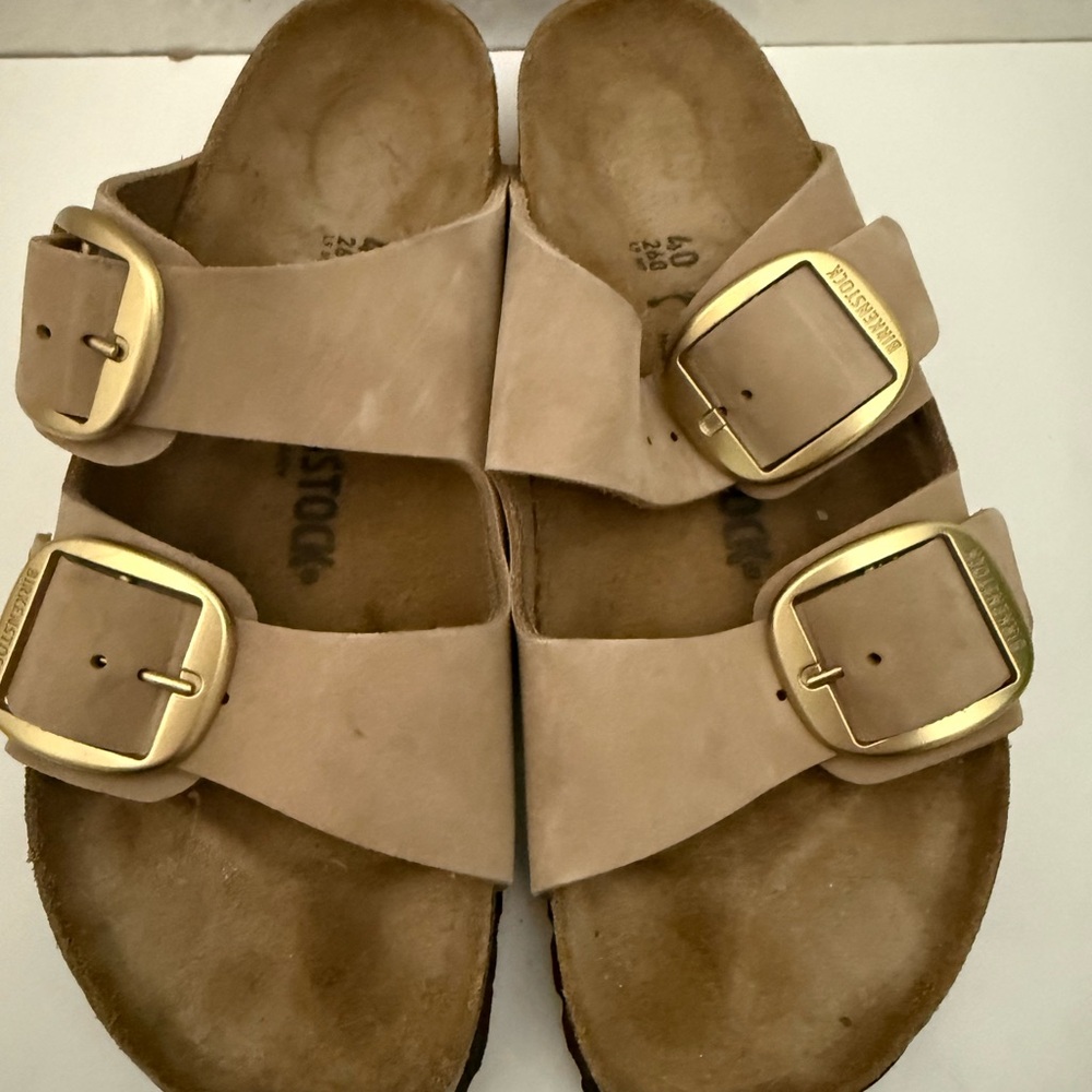 Birkenstock Beige Sandals with Brass Buckles